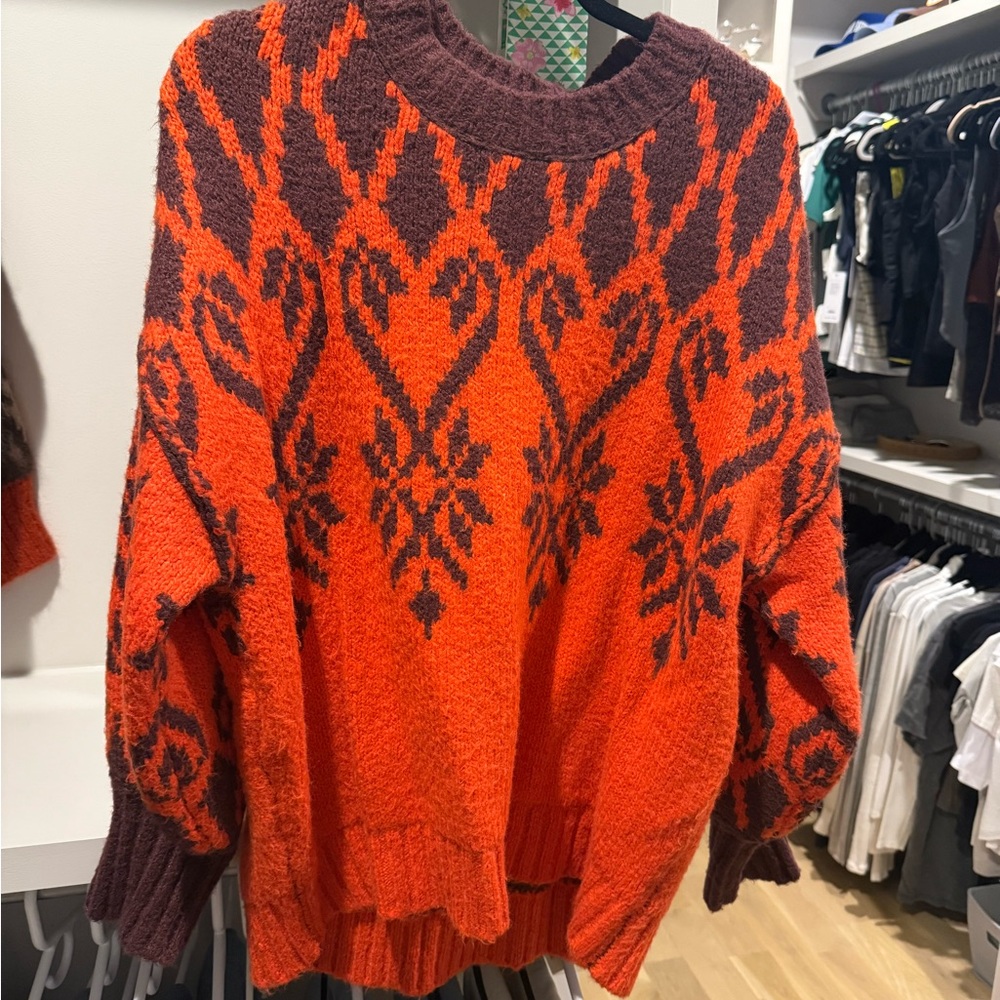 Free People Orange and Brown Patterned Sweater